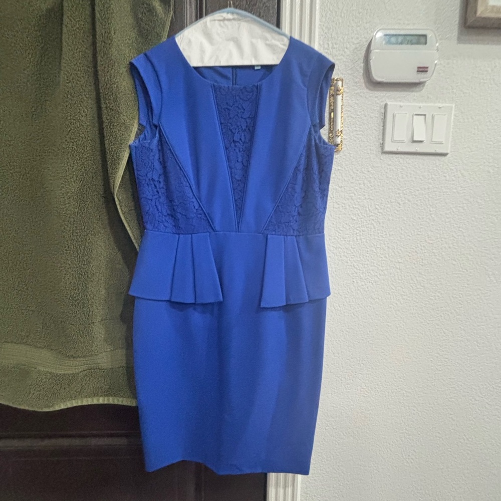 ANTONIO MELANI Blue Peplum Sheath Midi Dress